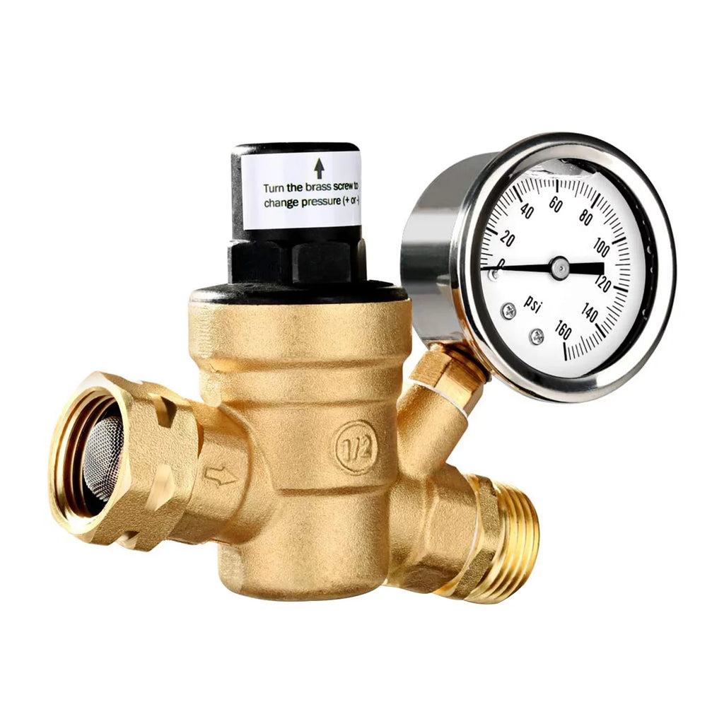 moobody Brass Water Pressure Regulator Valve for RV Travel Trailer, Adjustable Reducer with Gauge and Inlet Screened Filter