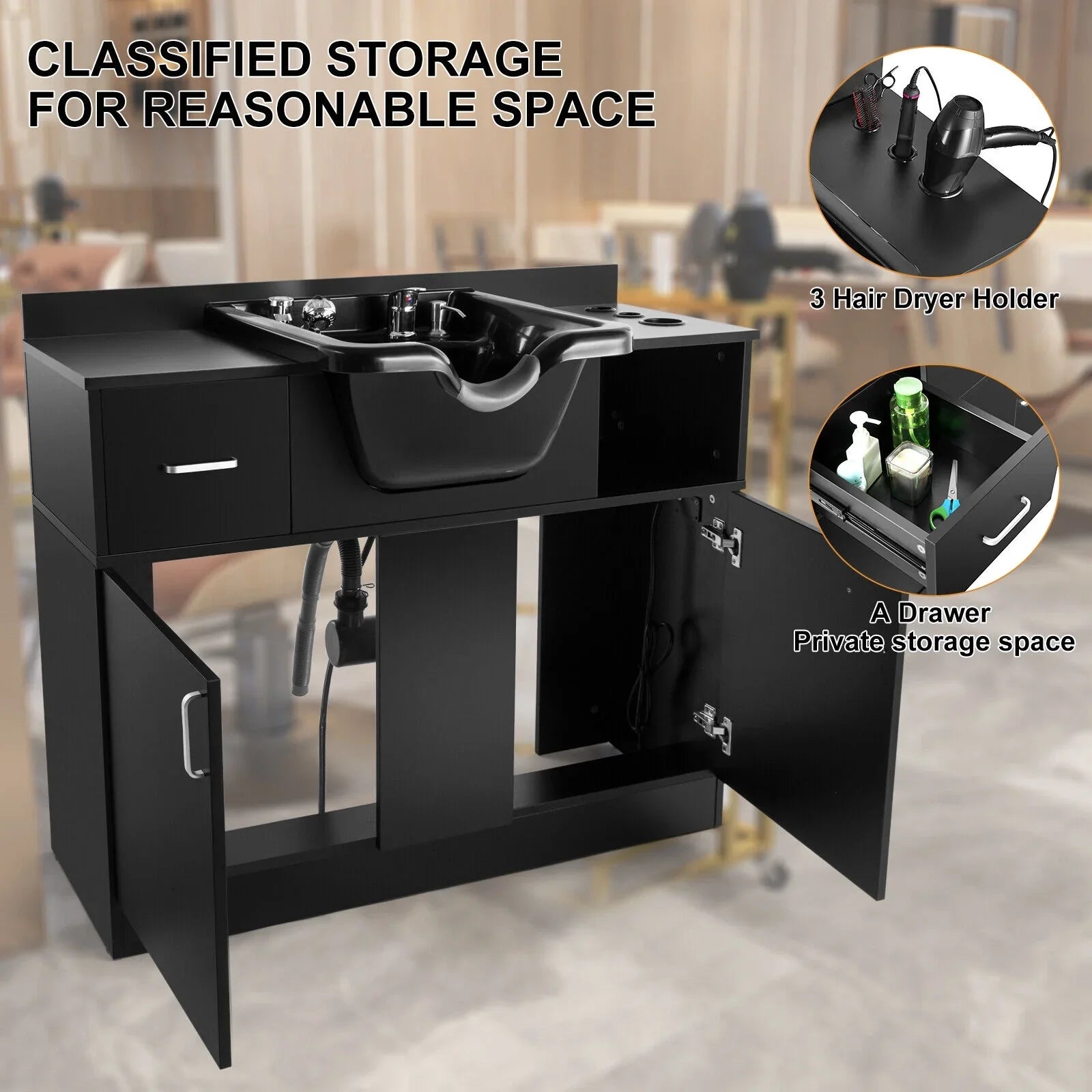 Artist hand Backwash Sink Shampoo Station Hair Salon Beauty with USB,Hair Dryer Holes,P Trap,Drawer(Black)
