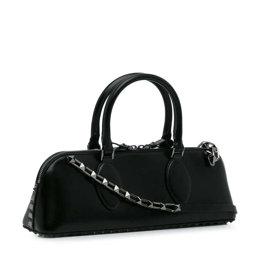 Pre-Owned Authenticated Valentino Rockstud East West Satchel Calf Leather Black Unisex (Good)
