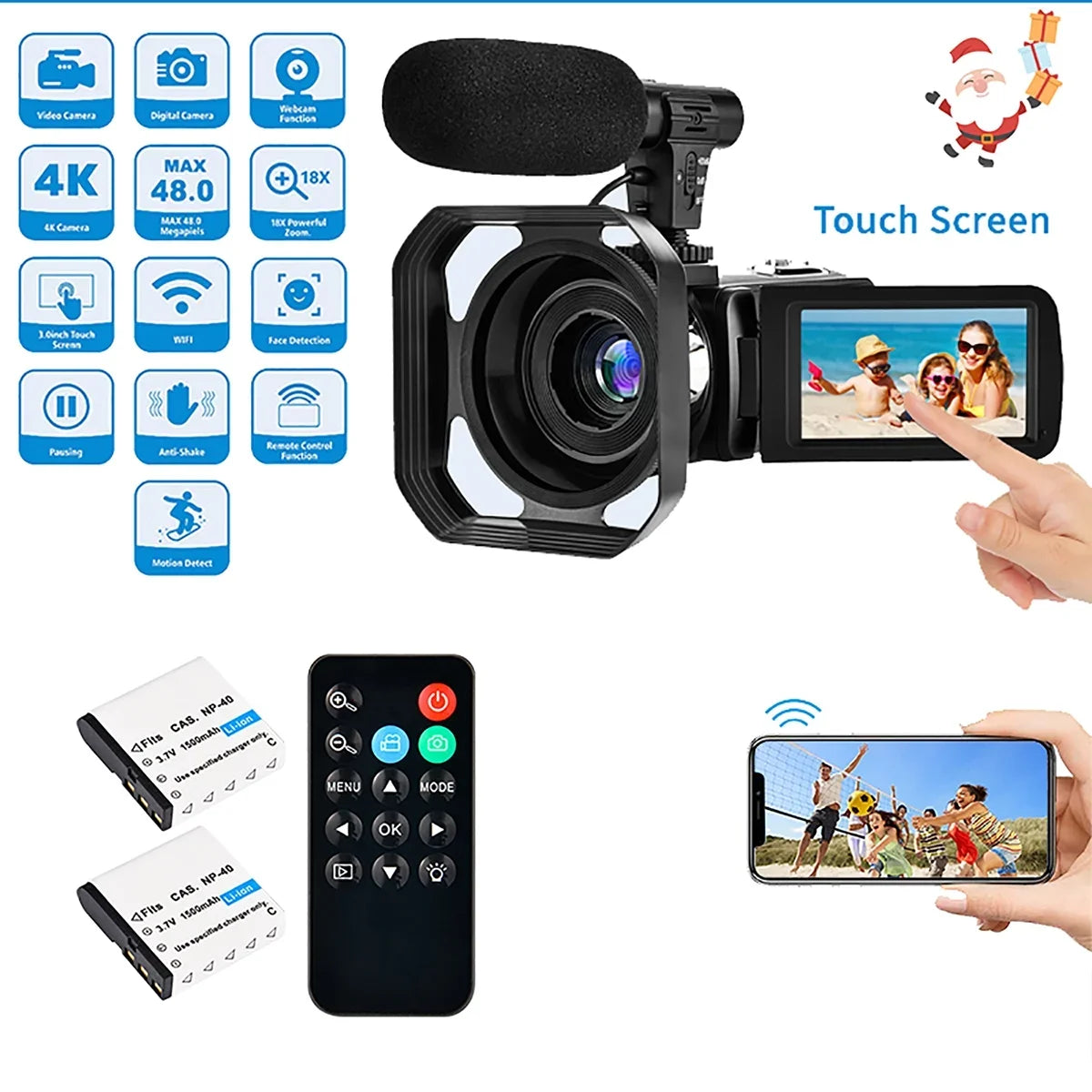 4K Camcorder Vlogging Camera for Youtube Ultra HD 48MP Video Camera with Microphone & Remote Control Wifi Digital Camera 3.0" IPS Touch Screen
