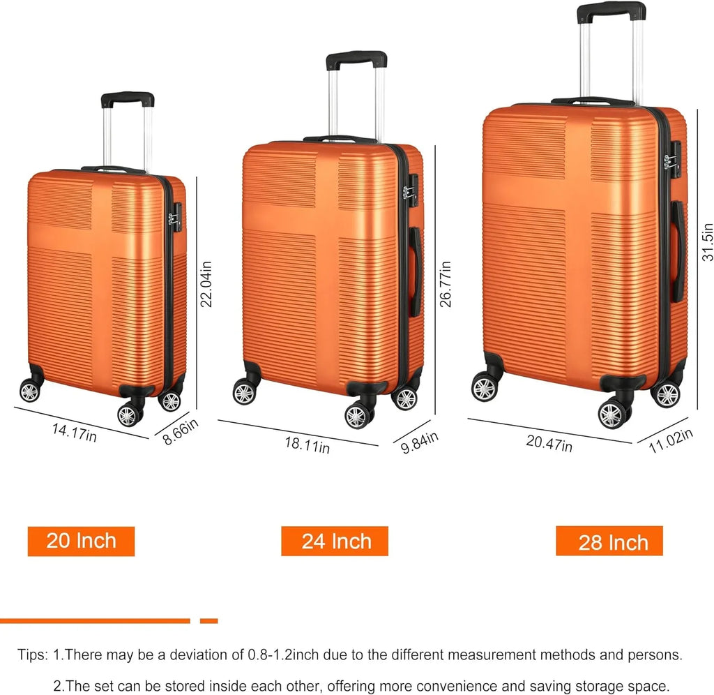 Orange(20in/24in/28in) Suitcase Set 3 Piece, Hardside Luggage Sets with Spinner Wheels,Orange Luggage Sets for Women with TSA Lock