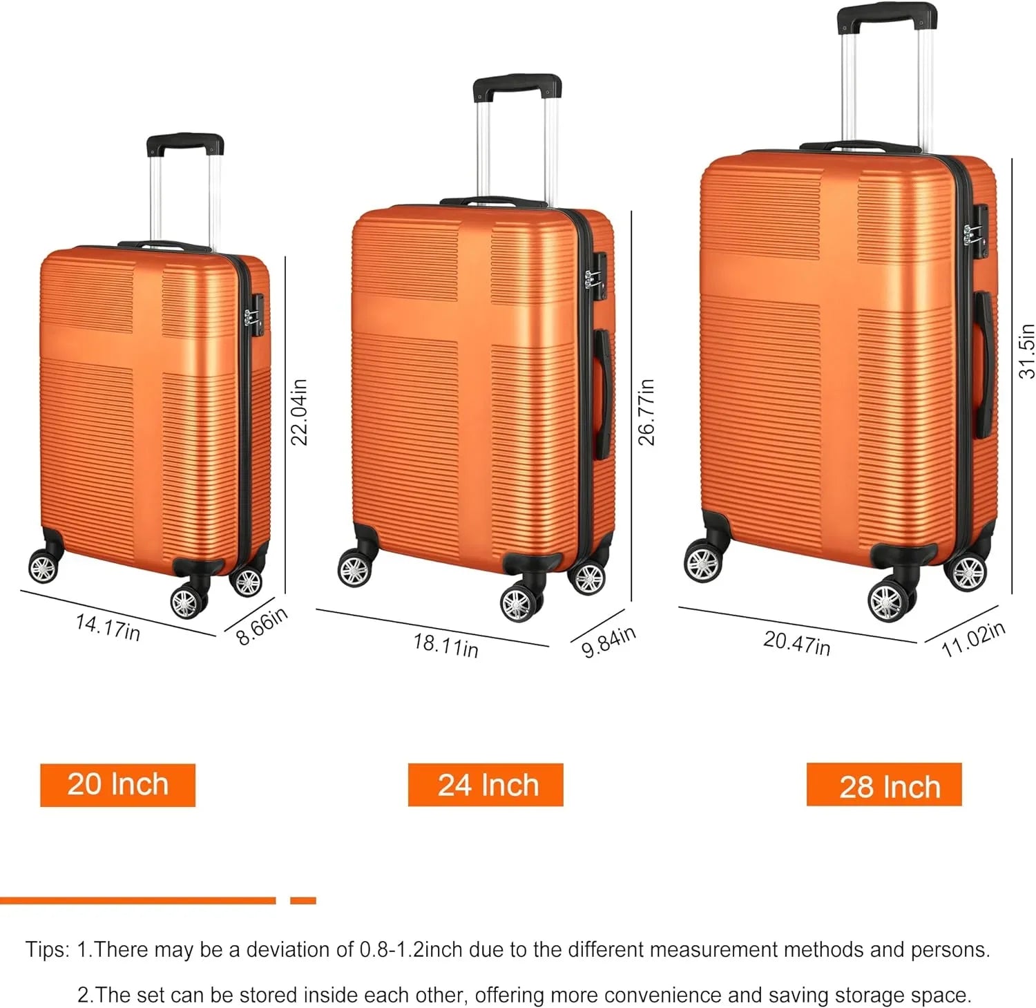 Orange(20in/24in/28in) Suitcase Set 3 Piece, Hardside Luggage Sets with Spinner Wheels,Orange Luggage Sets for Women with TSA Lock