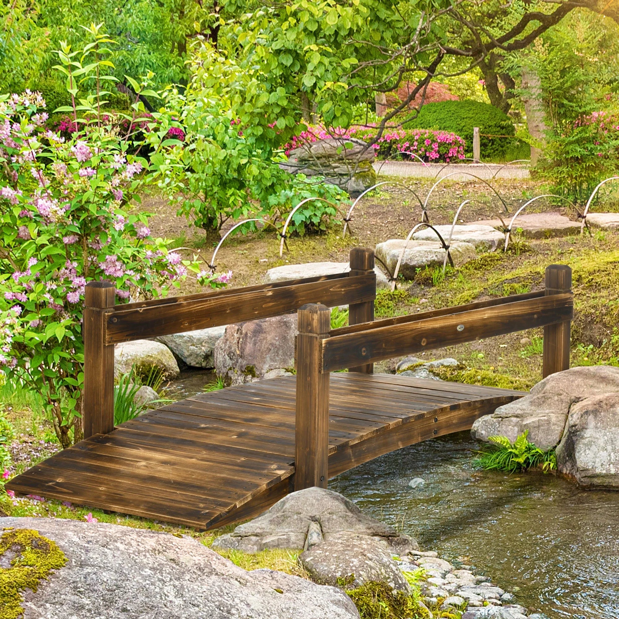 Outsunny Wooden Garden Bridge with Planters, Stained Finish Arc Footbridge