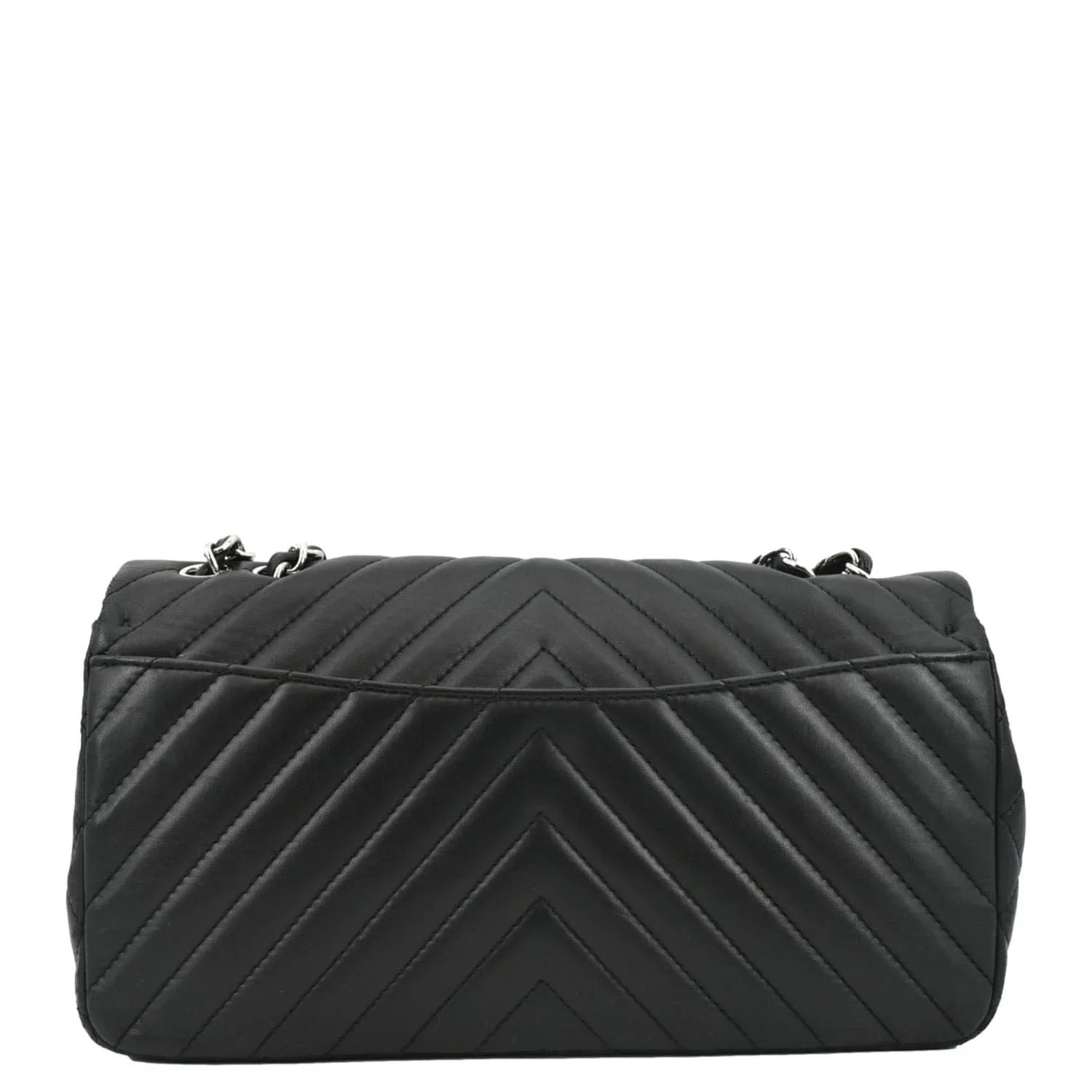 Pre-Owned CHANEL Surpique Chevron Medium Lambskin Leather Flap Crossbody Bag Black
