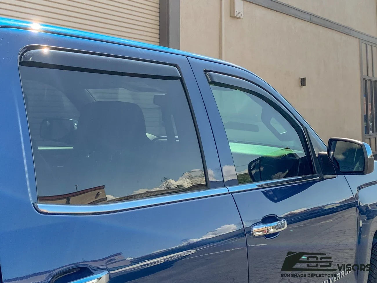 Extreme Online Store Fits ALL 2014-2018 Chevrolet Silverado 1500 Crew Cab Models | EOS Visors IN-CHANNEL Style SMOKE TINTED Side Vents Window Deflectors Rain Guards