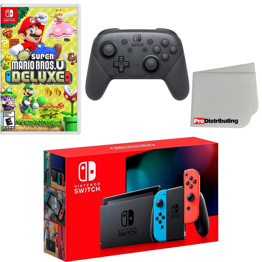 Nintendo Switch Console Neon Red & Blue with Extra Wireless Controller, New Super Mario Bros. U Deluxe and Screen Cleaning Cloth