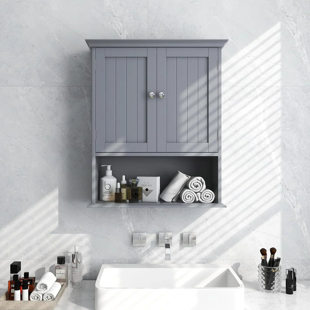 Bathroom Wall Cabinet, Wooden Hanging Storage Cabinet with Doors & Shelves, Multipurpose Storage Cabinet for Bathroom Kitchen Living Room, Wall Mounted Bathroom Medicine Cabinet, Grey
