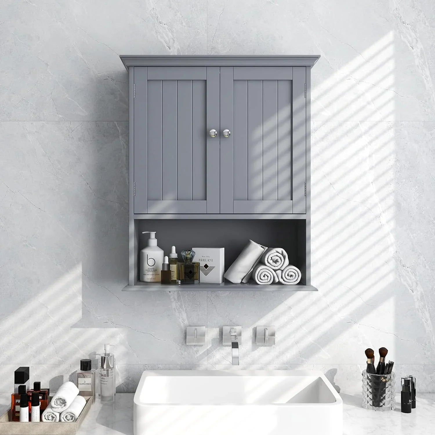 Bathroom Wall Cabinet, Wooden Hanging Storage Cabinet with Doors & Shelves, Multipurpose Storage Cabinet for Bathroom Kitchen Living Room, Wall Mounted Bathroom Medicine Cabinet, Grey