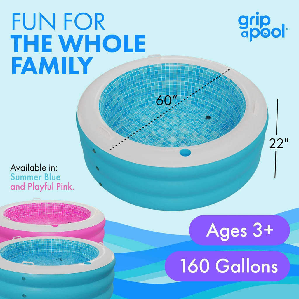 Inflatable Round Kid Swimming Pool with Grip Handle Bars and Blow Up Padded Floor with Drain - 60"x22" Round Large Kiddie Pool Perfect for Adults and Kids Ages 4 5 6 7 8+