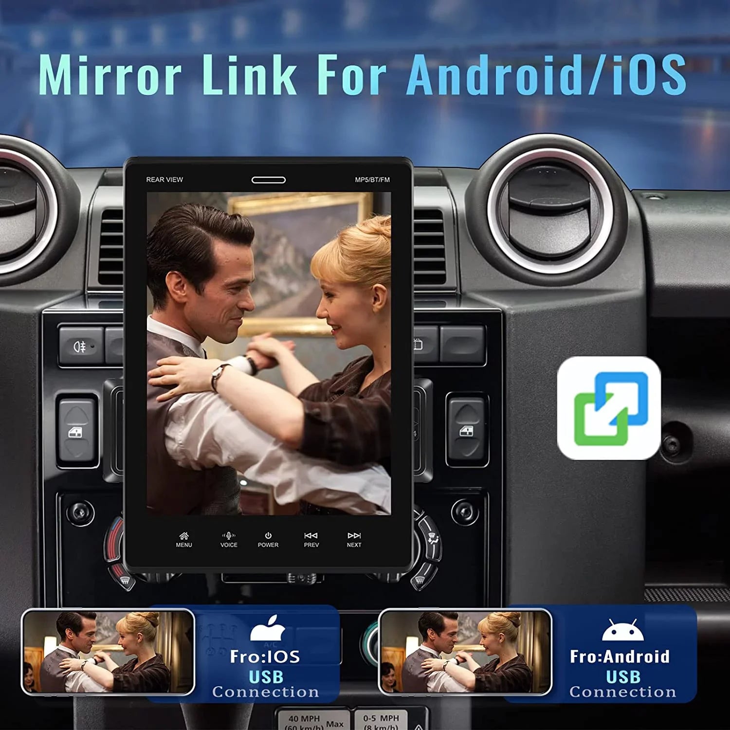Podofo Single Din 9.5'' Car Stereo with Apple Carplay Android Auto HD Touch Screen Car MP5 Player Car Radio Bluetooth Mirror Link USB FM,with 12 LED Rear Camera