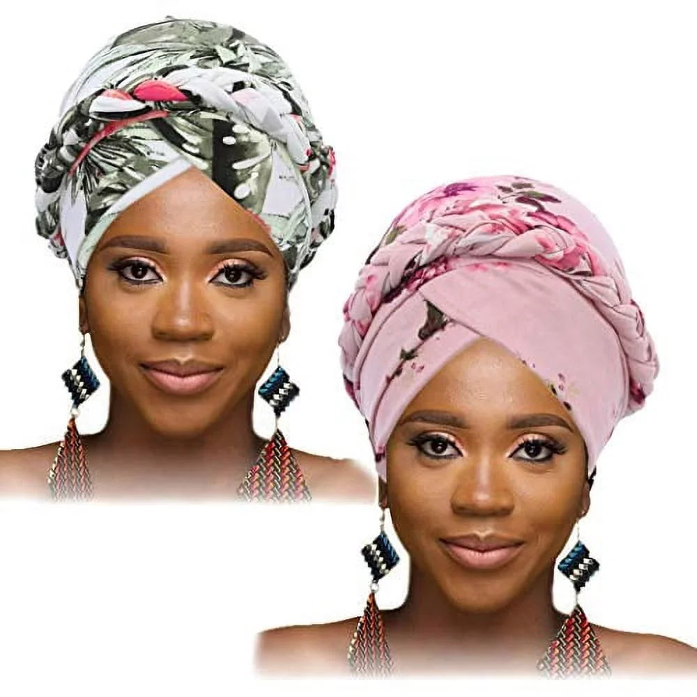 Woeoe African Turban Head Wrap Pink Pattern Head Scarf Soft Flower Print Head Wrap Cap Headwear for Women and Girls(Pack of 2)