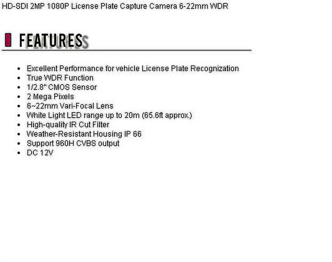CCTV HD-TVI 2MP 1080P License Plate Capture Camera 6-22mm WDR (Wall Mount)