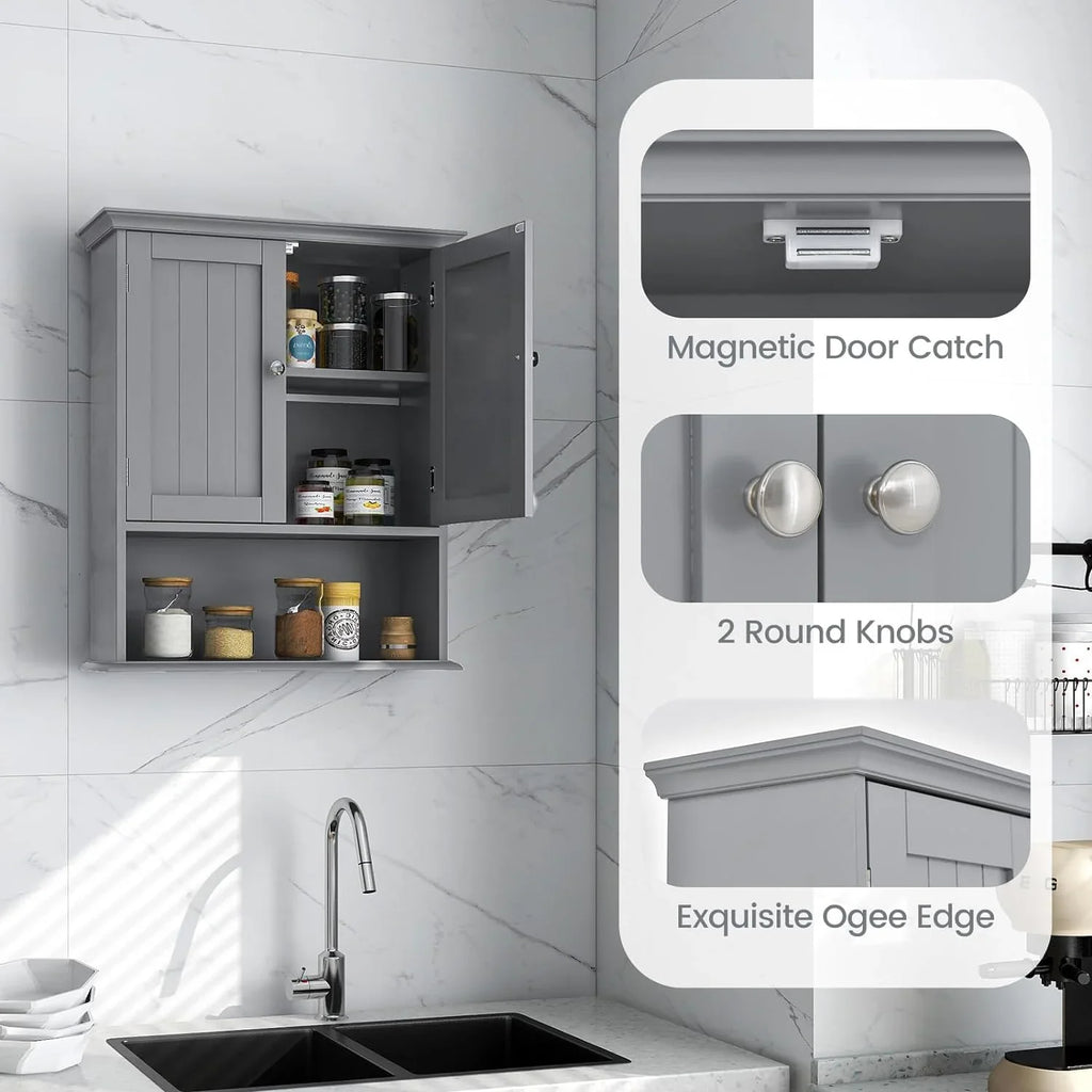 Bathroom Wall Cabinet, Wooden Hanging Storage Cabinet with Doors & Shelves, Multipurpose Storage Cabinet for Bathroom Kitchen Living Room, Wall Mounted Bathroom Medicine Cabinet, Grey