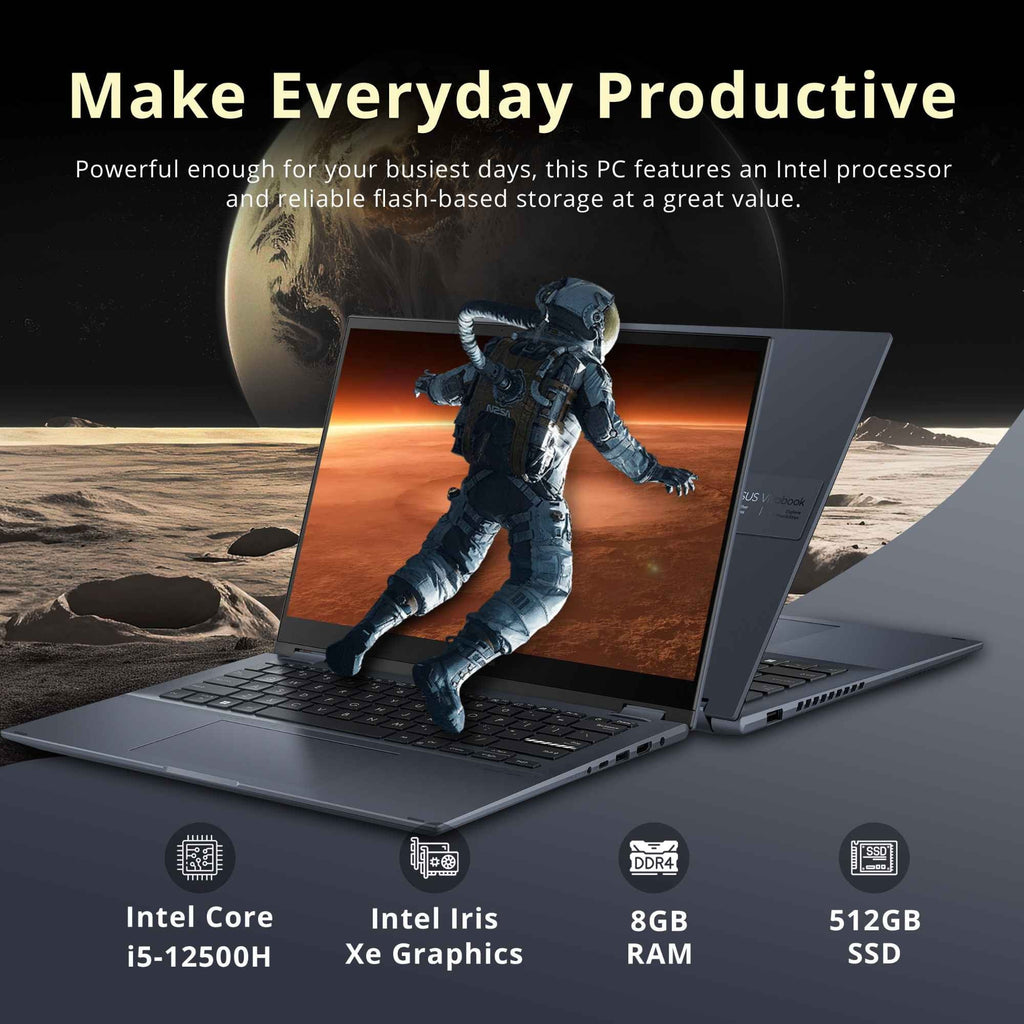 ASUS Vivobook S 14 Flip 14" FHD Touch Display, Core i5-12500H CPU, 8GB DDR4 RAM, 512GB SSD, NumberPad, Thunderbolt 4, Windows 11 Home, Quiet Blue, Hotface 32GB USB Card