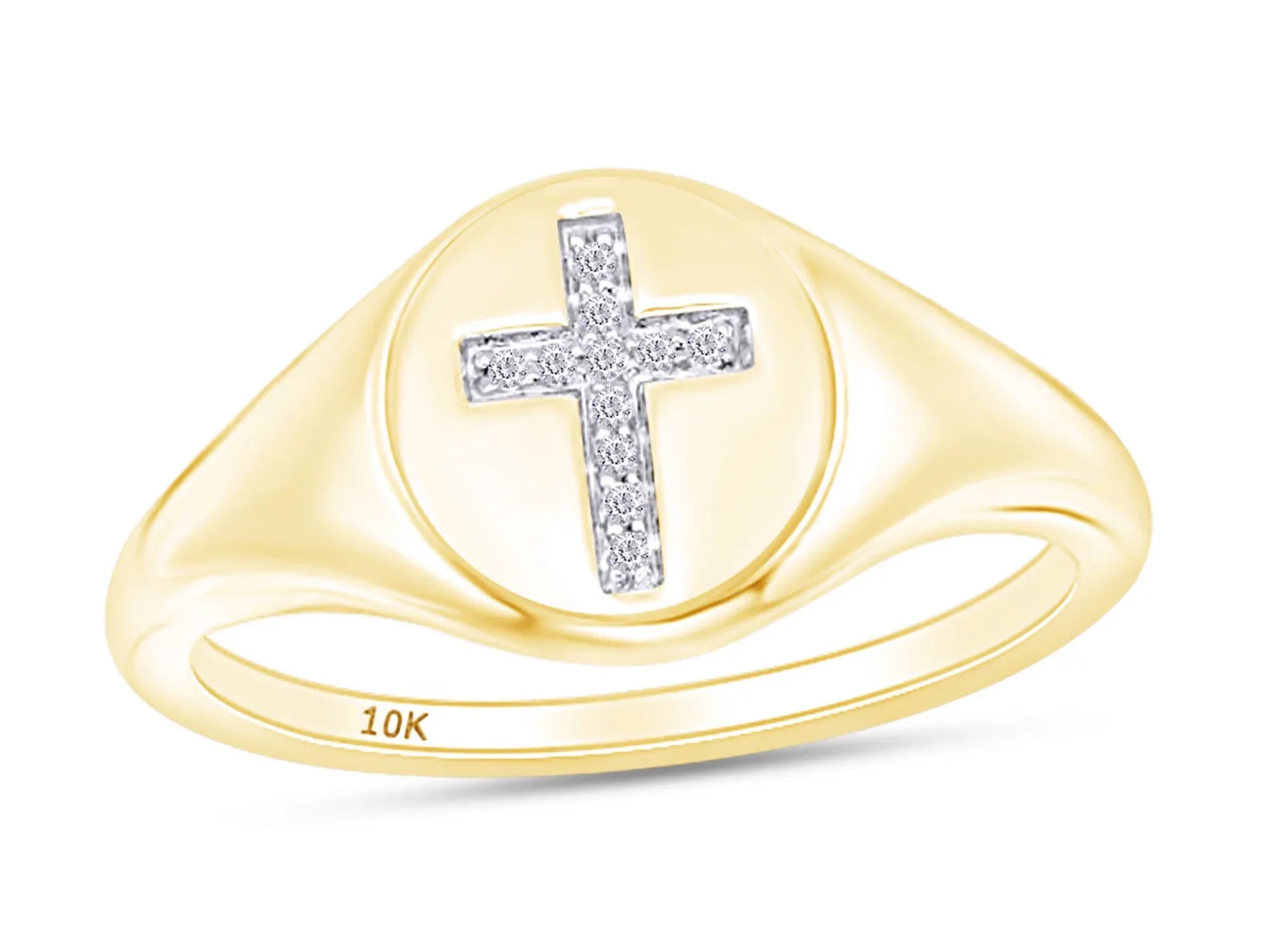 1/20 Carat CT Round Cut White Natural Diamond Cross Signet Engagement Ring In 10k Yellow Gold For Womens Ring Size-6