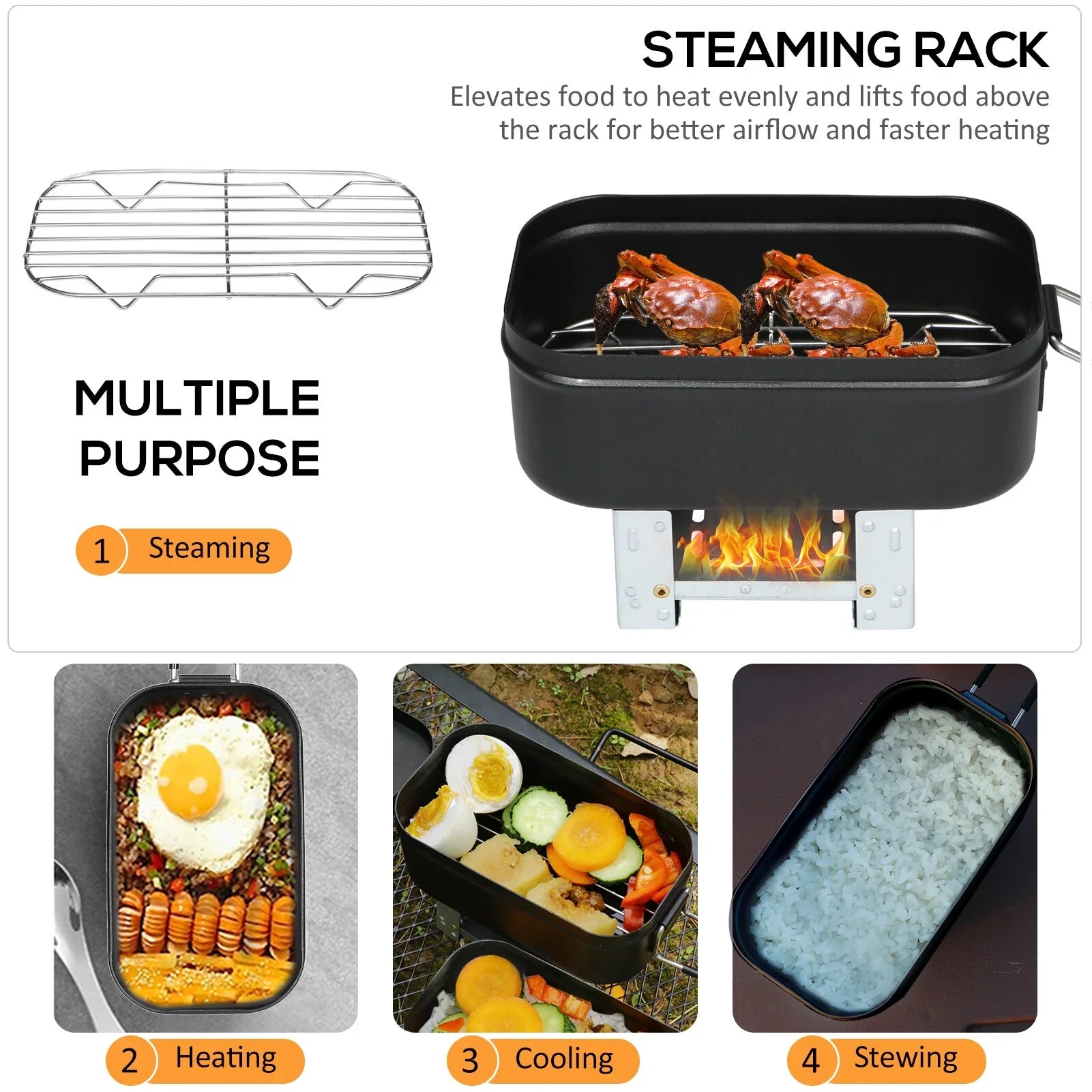 FlyFlise 4pcs Cookware Mess Kit 800ml Camping Lunch Box with Alcohol Stove Steaming Rack Cutting Board for Backpacking Hiking Fishing Mountaineering