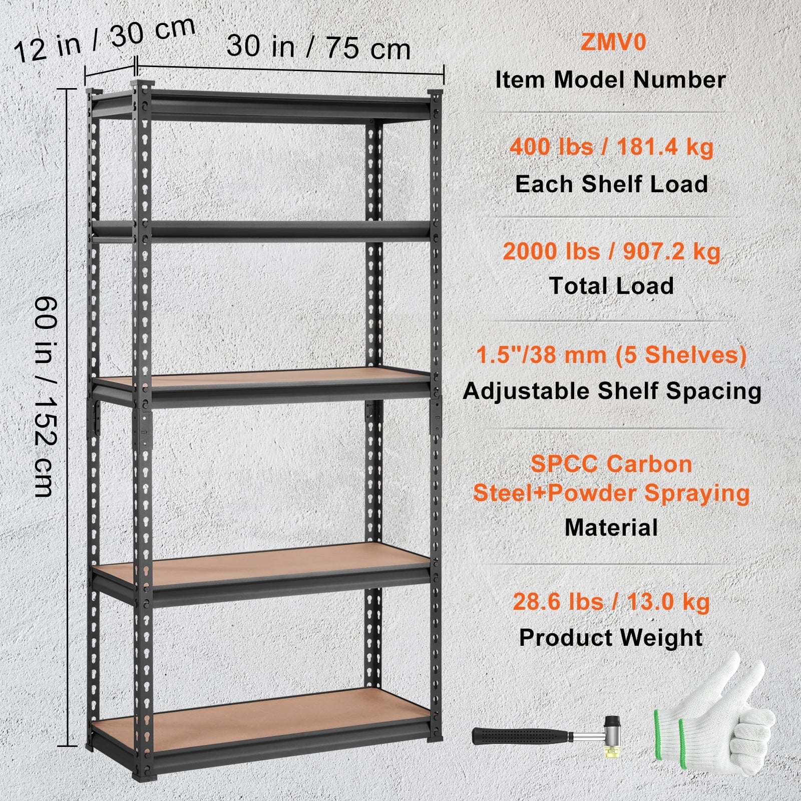 BENTISM 5 Tier Adjustable Heavy Duty Steel Shelving Unit, 12"D x 30"W x 60"H Garage Storage Rack 2000 lbs Load
