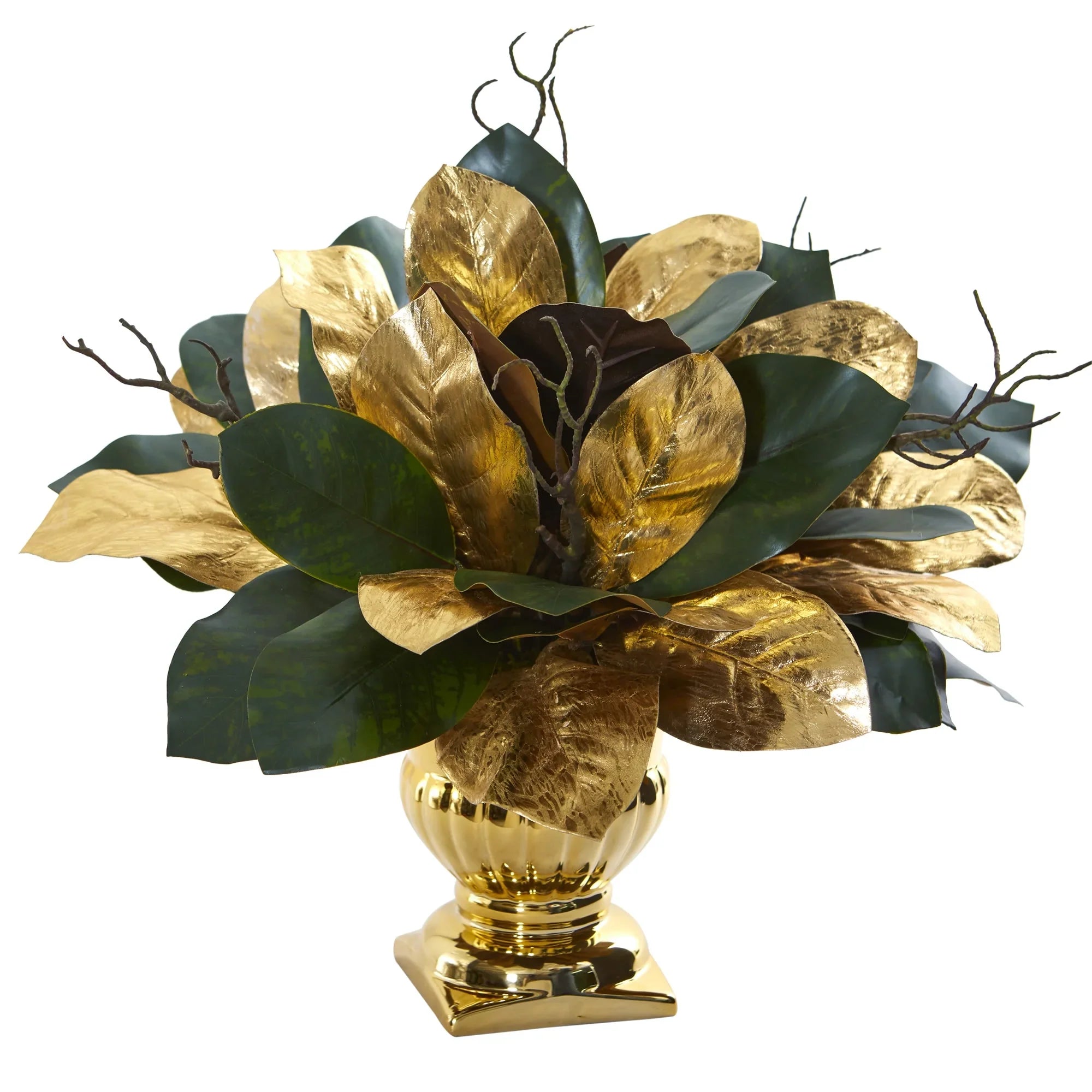 Nearly Natural 18” Magnolia Leaf Artificial Arrangement in Gold Planter
