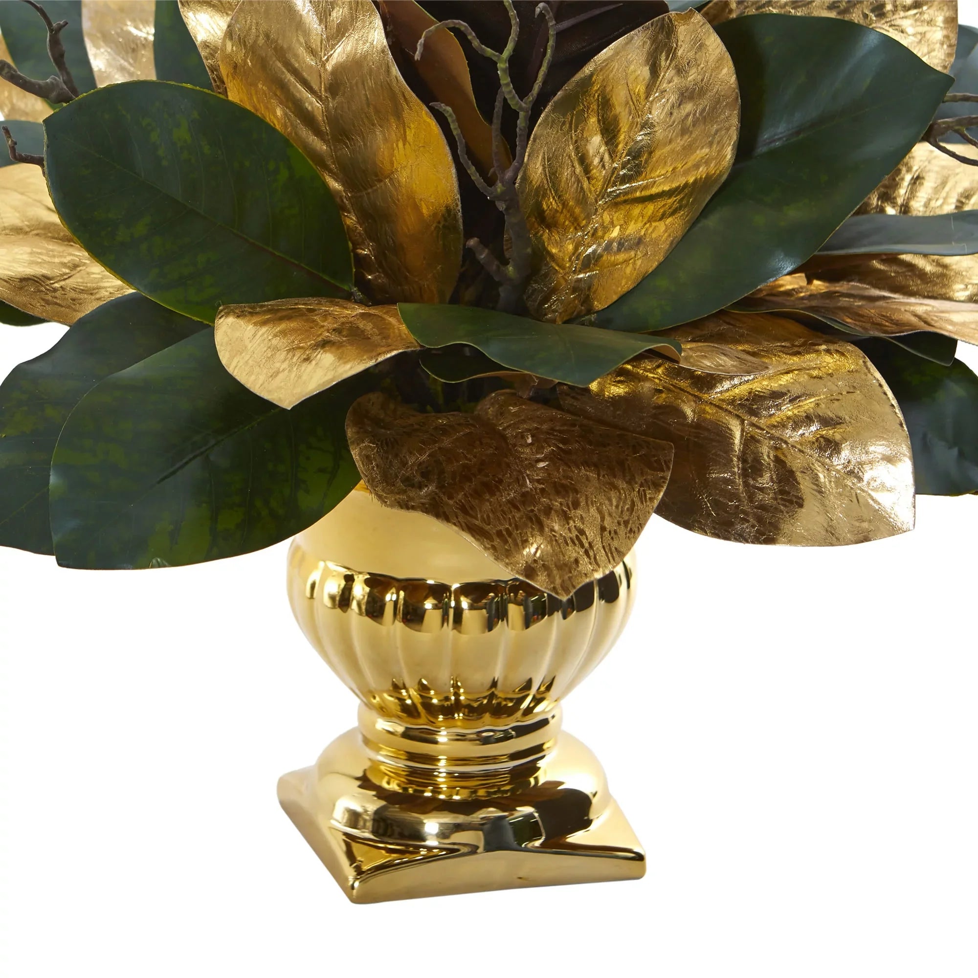 Nearly Natural 18” Magnolia Leaf Artificial Arrangement in Gold Planter