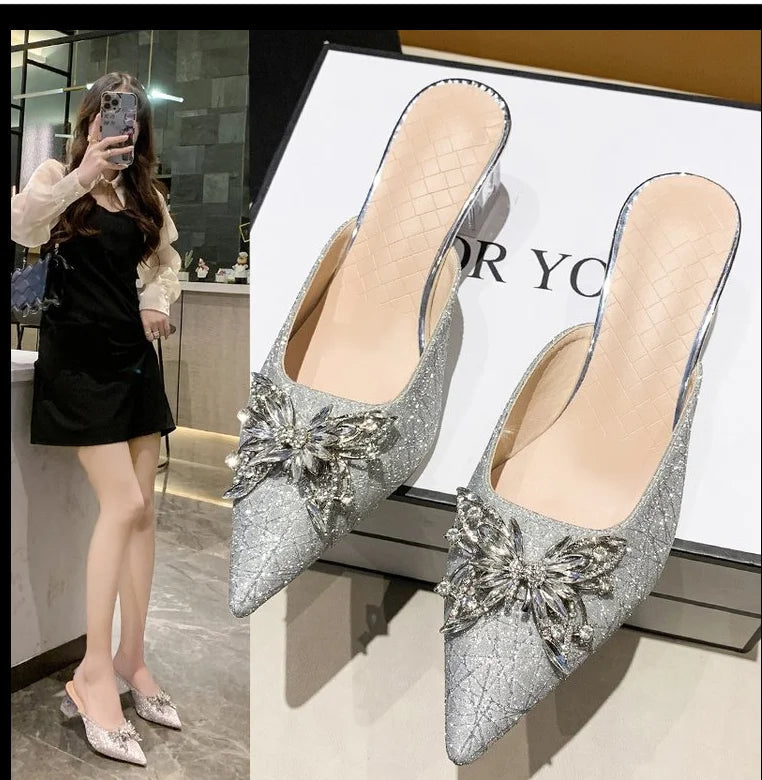 Crystal Luxury High Heels Women Mules Shoes Sexy Pointed Toe Sandals 2024 Summer Designer Dress Flip Flops Pumps Slides