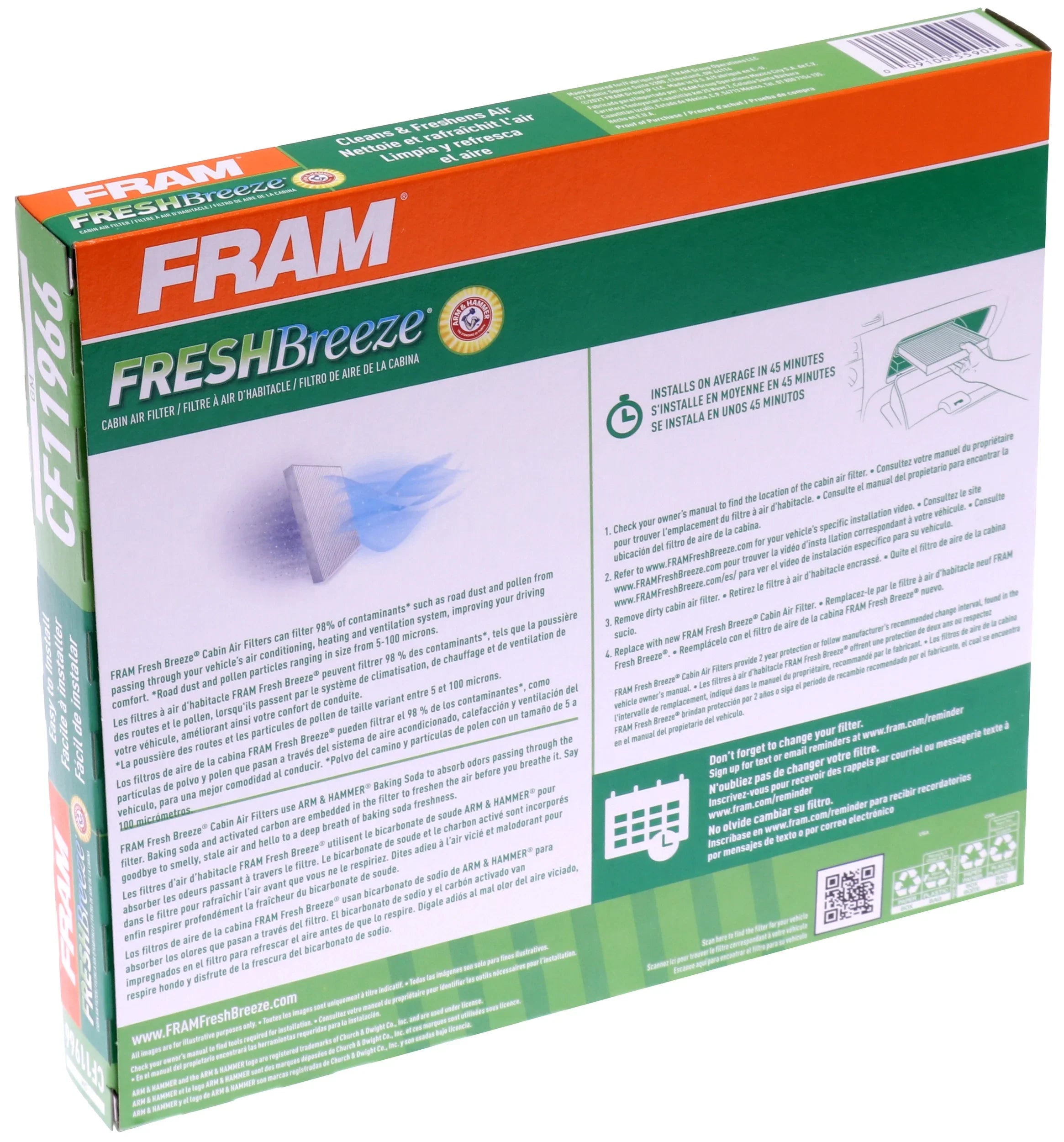 FRAM Fresh Breeze CF11966 Cabin Air Filter for Select Buick, Cadillac, Chevrolet and GMC Vehicles with Arm and Hammer Baking Soda Fits select: 2018-2024 CHEVROLET EQUINOX