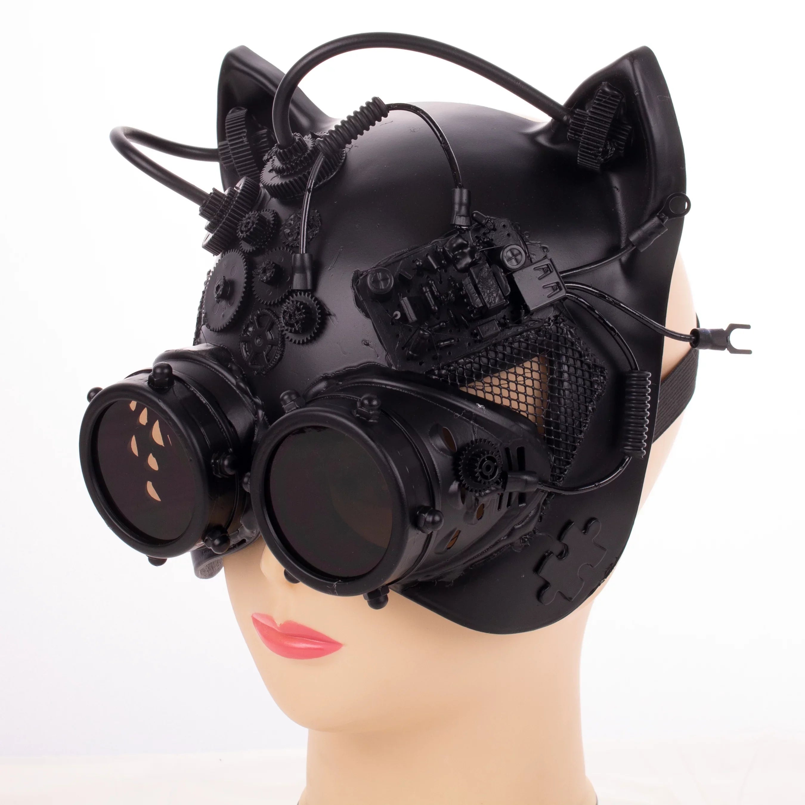 Kbw Black Steampunk Kitty Cat Women's Costume Half Mask with Goggles Masquerade