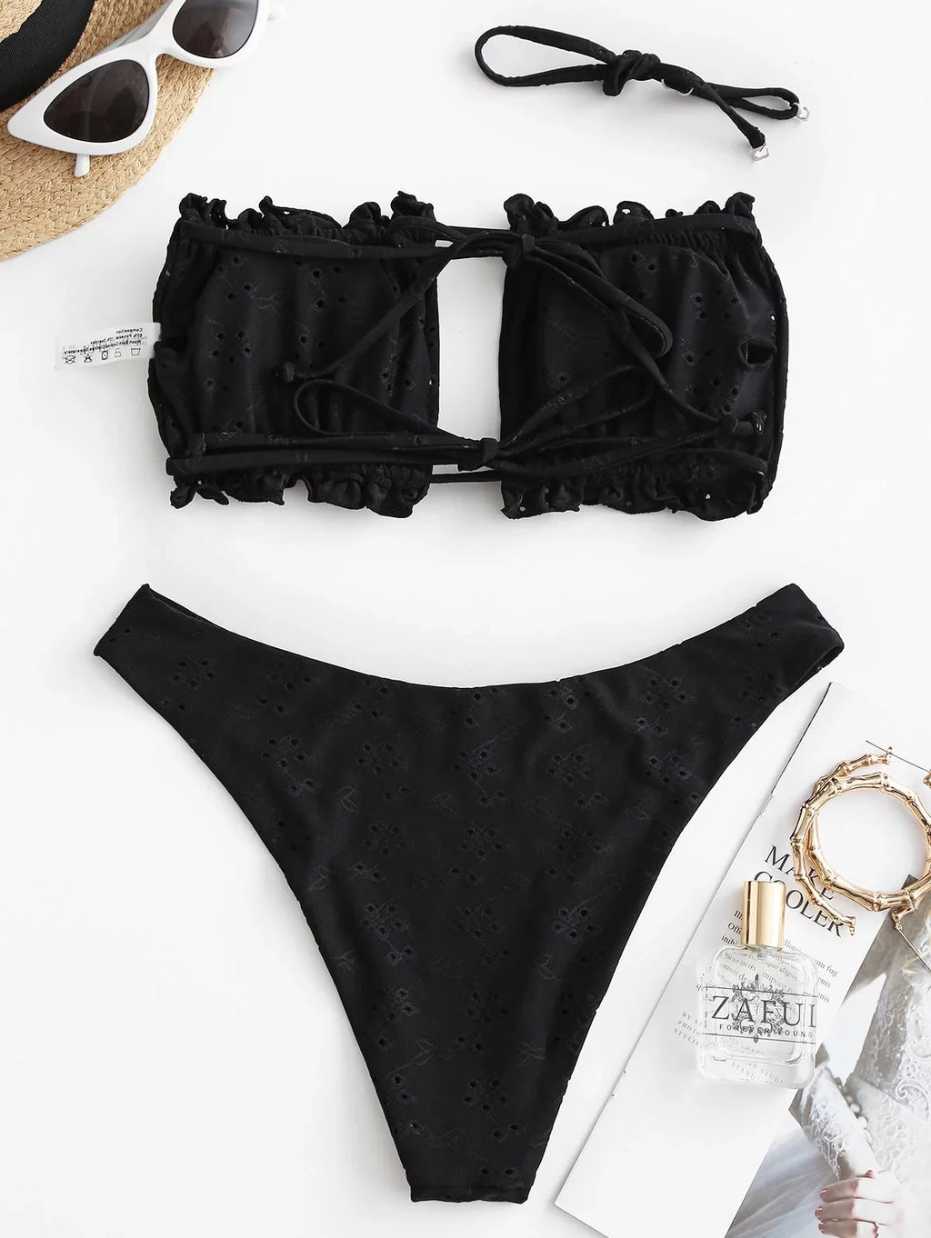 ZAFUL Womens High Cut Bandeau Bikini Sexy Cutout Ribbed Swimsuit 2 Piece Ruffle Tie Bathing Suits