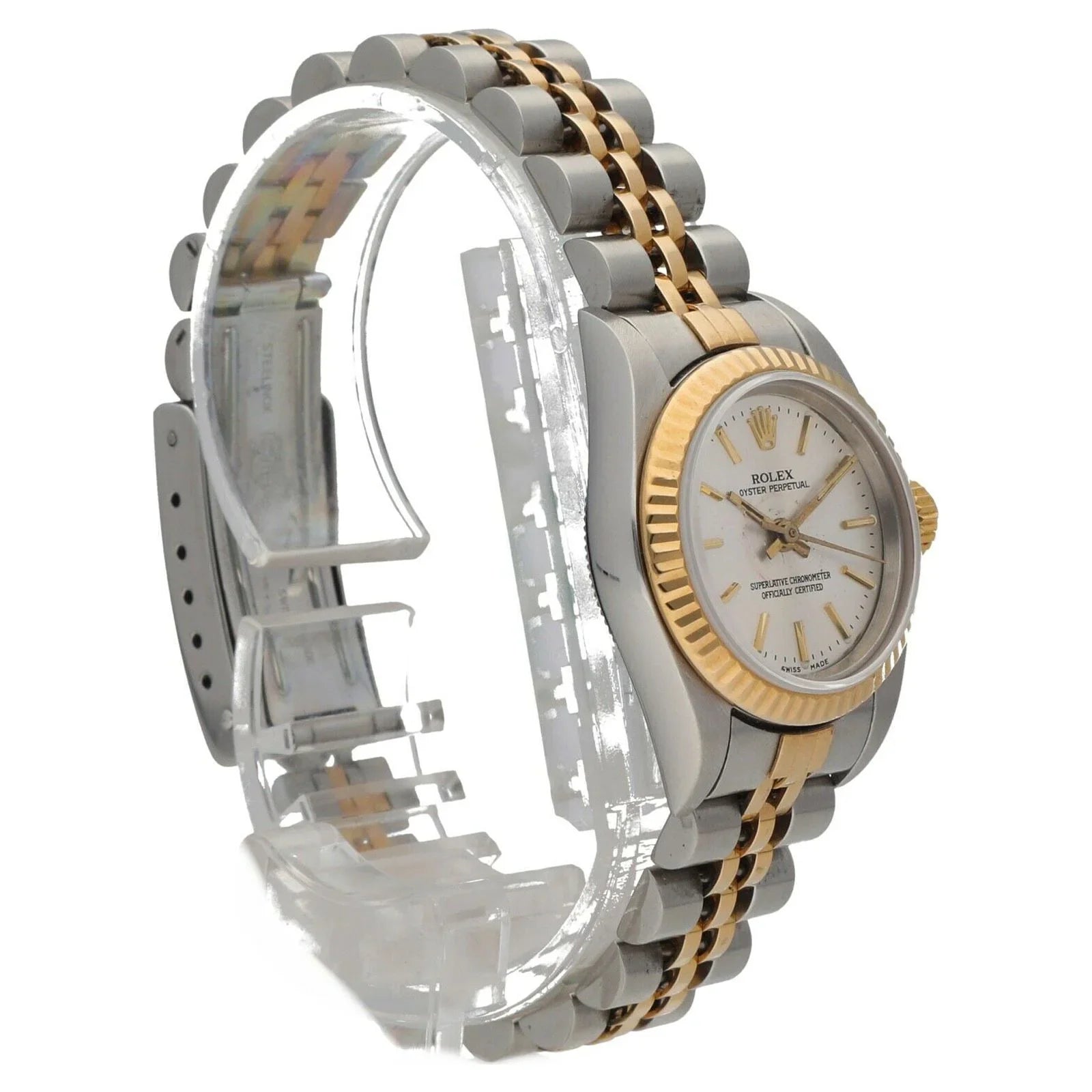 Rolex 76193 Oyster Perpetual 18k Yellow Gold Steel Silver Dial Ladies Watch 2005