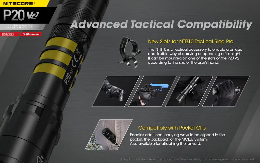 Combo: Nitecore P20 V2 Tactical LED Flashlight - CREE XP-L2 V6 - 1100 Lumens w/NL183 Battery, UI1 Charger +Free Eco-Sensa USB Cord