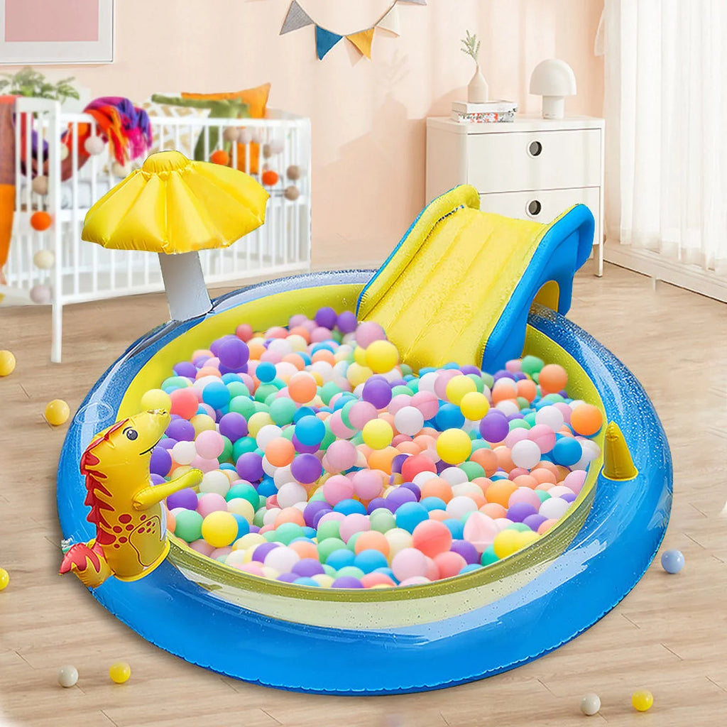 Sanmadrola Dinoland Inflatable Play Center Kiddie Pool with Slide for Age 2+ Kids Sprinkle Wading Pool Cute Dinosaur Toddler Pools for Backyard Outdoor Indoor, 78 x 78 x 43 Inches, Blue and Yellow