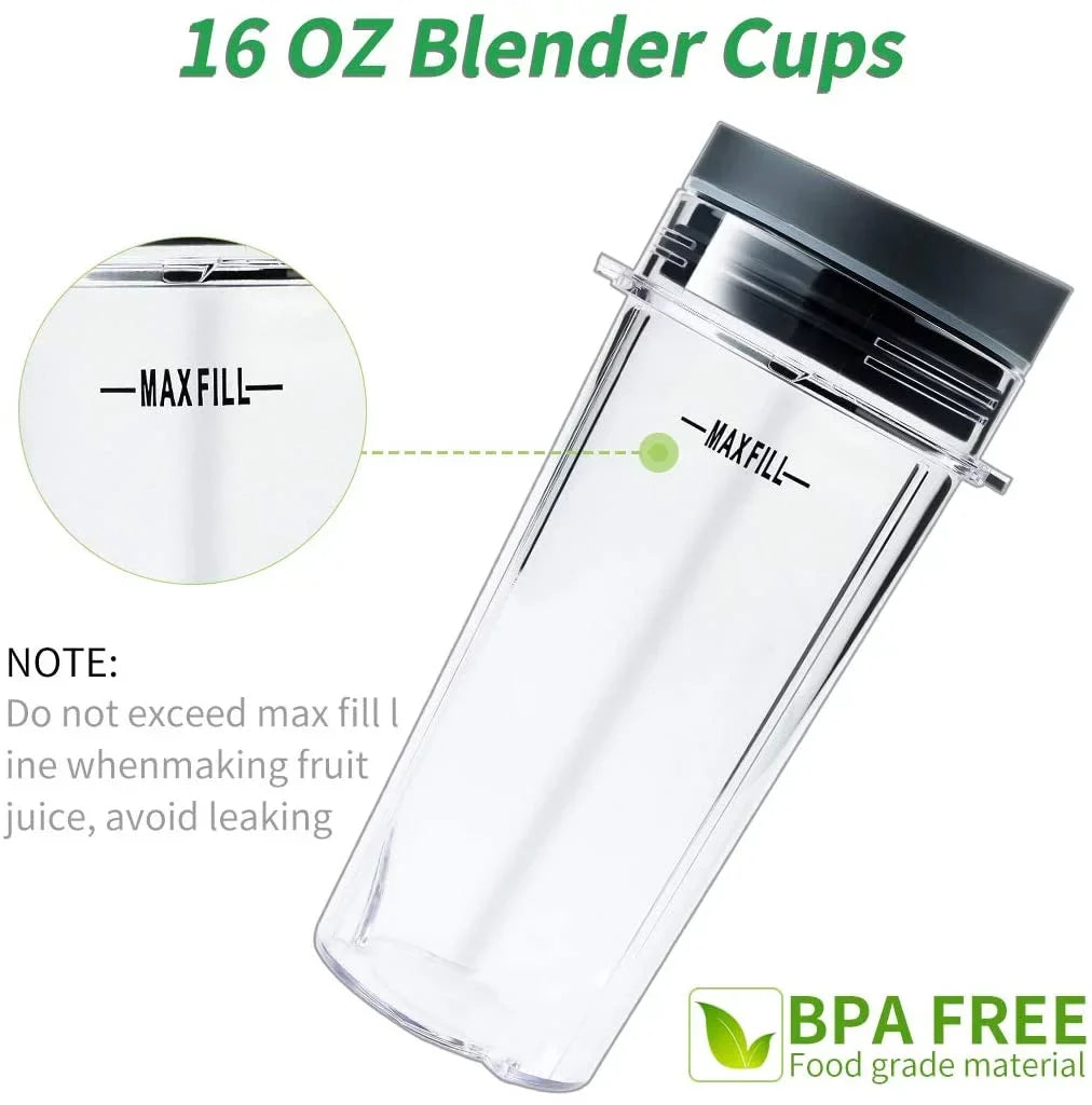 Enbizio Replacement Parts for Nutri Ninja Blender 6 Fins Blade Assembly and 2 Pack 16 oz Cup Set for BL770 BL780 BL660 (3.35 inch)
