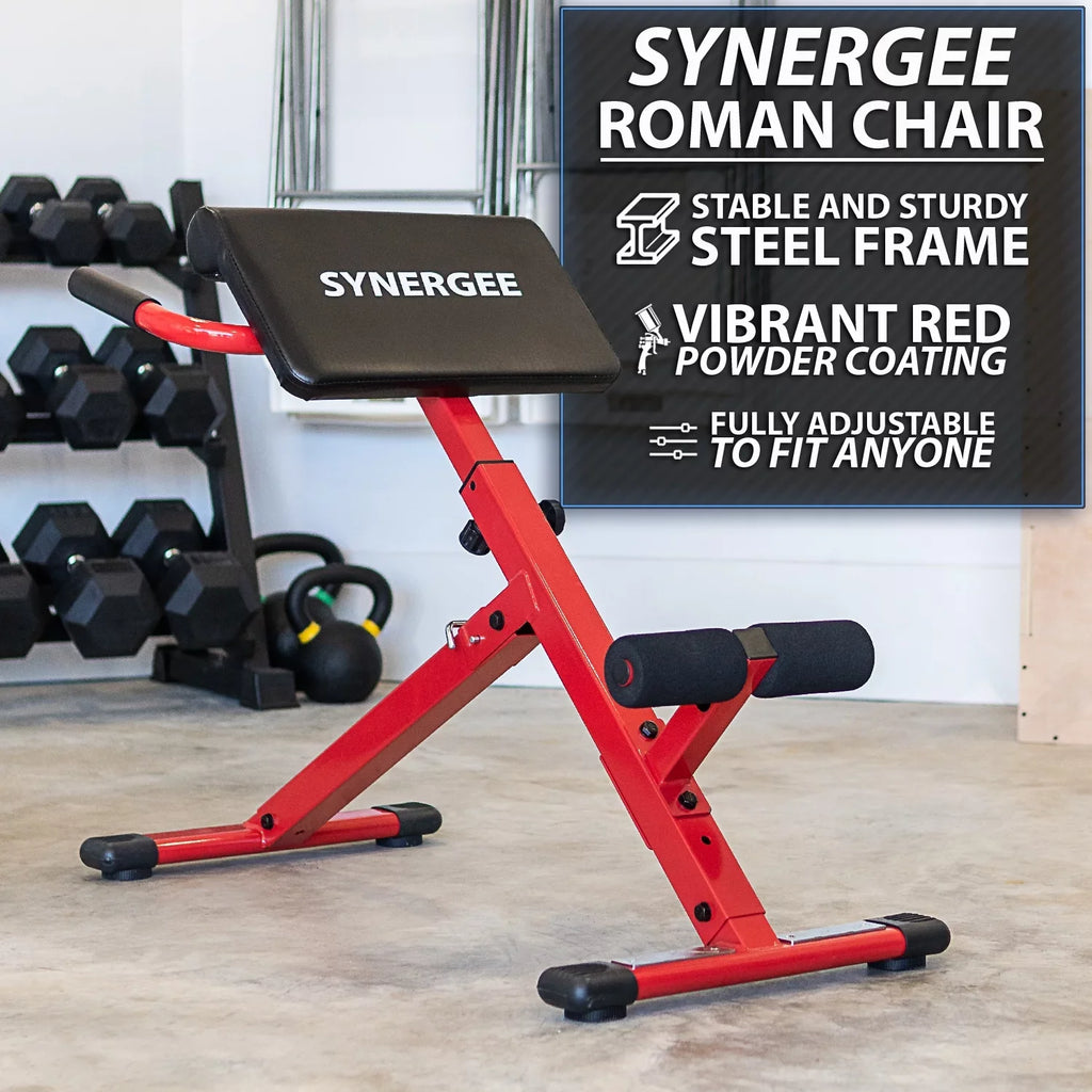 Synergee Roman Chair. Red Coated Steel Hyperextension Machine. GHD Ab Bench for Lower Back Workout, Hyper Exercises.