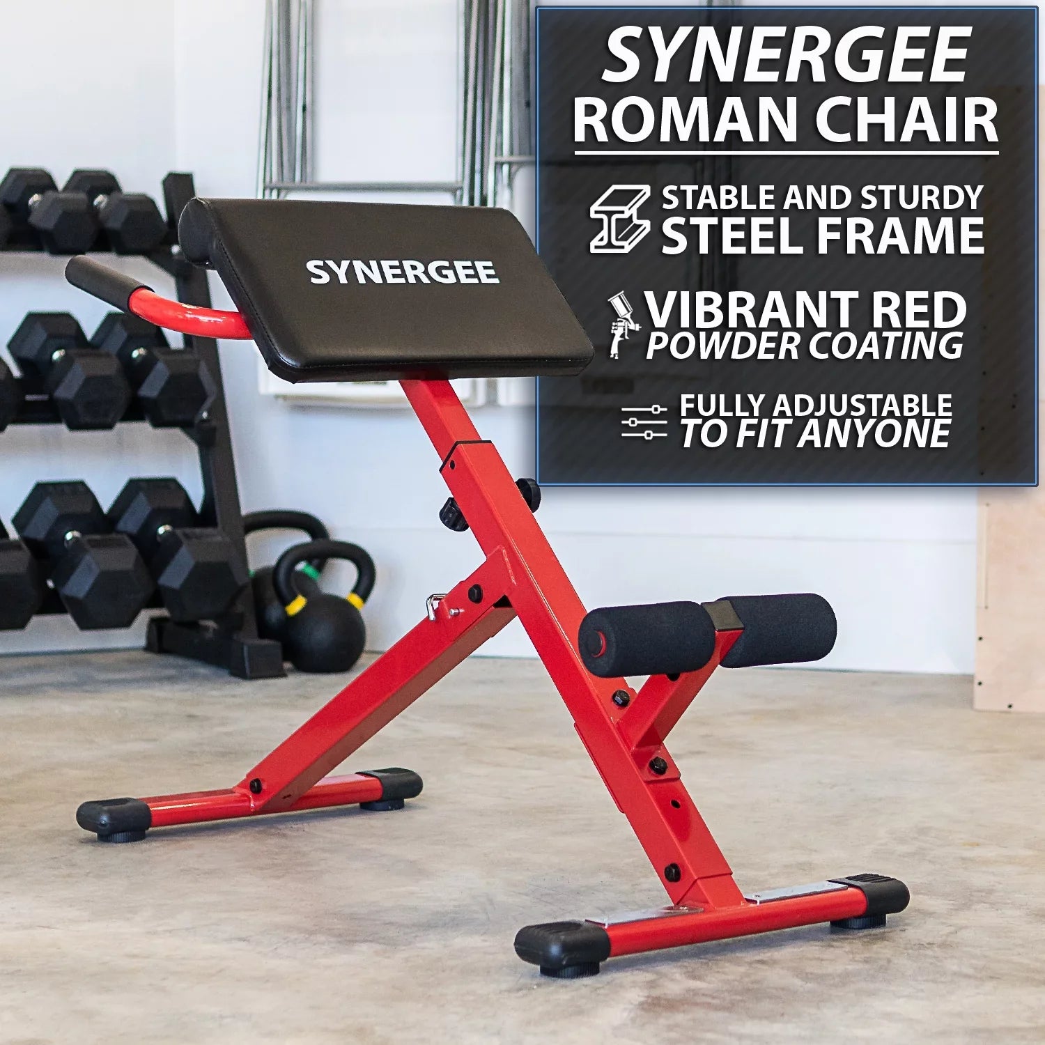 Synergee Roman Chair. Red Coated Steel Hyperextension Machine. GHD Ab Bench for Lower Back Workout, Hyper Exercises.