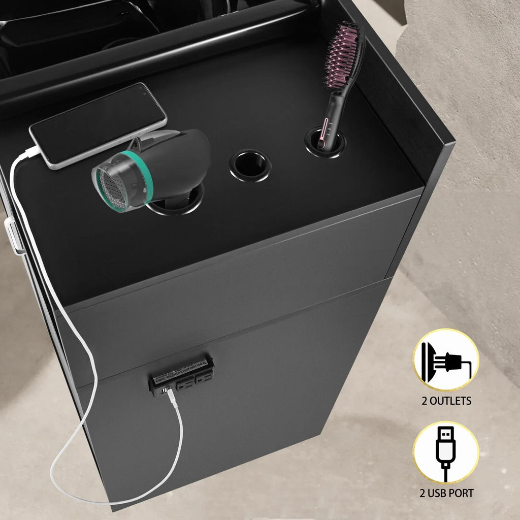 Artist hand Backwash Sink Shampoo Station Hair Salon Beauty with USB,Hair Dryer Holes,P Trap,Drawer(Black)