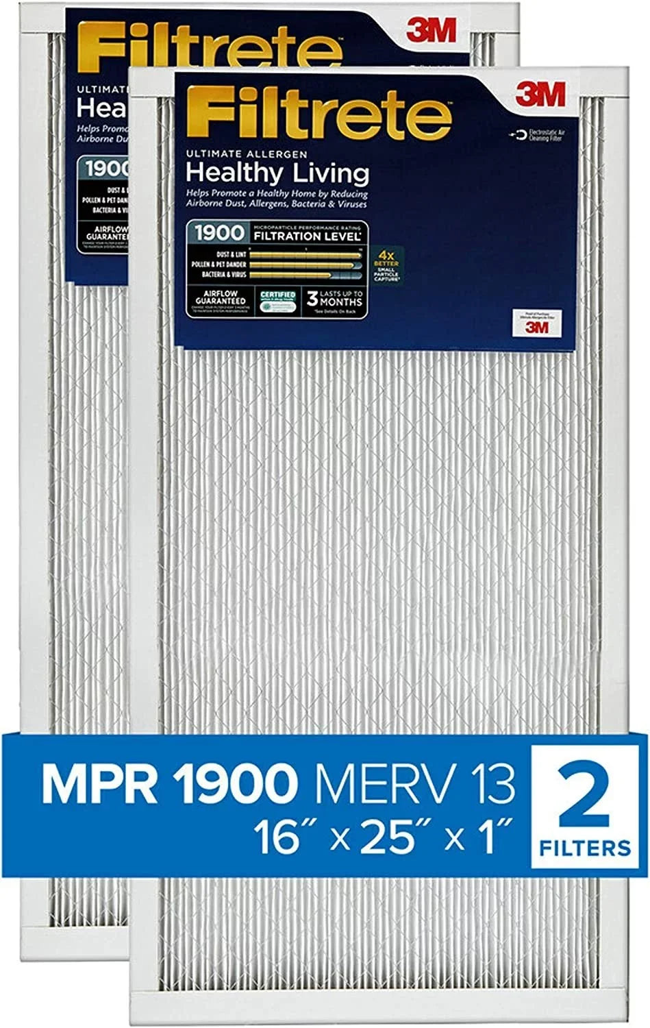 Filtrete 16x25x1 Air Filter MPR 1900 MERV 13, Healthy Living Ultimate Allergen, 2-Pack exact dimensions 15.719 x 24.72 x 0.78
