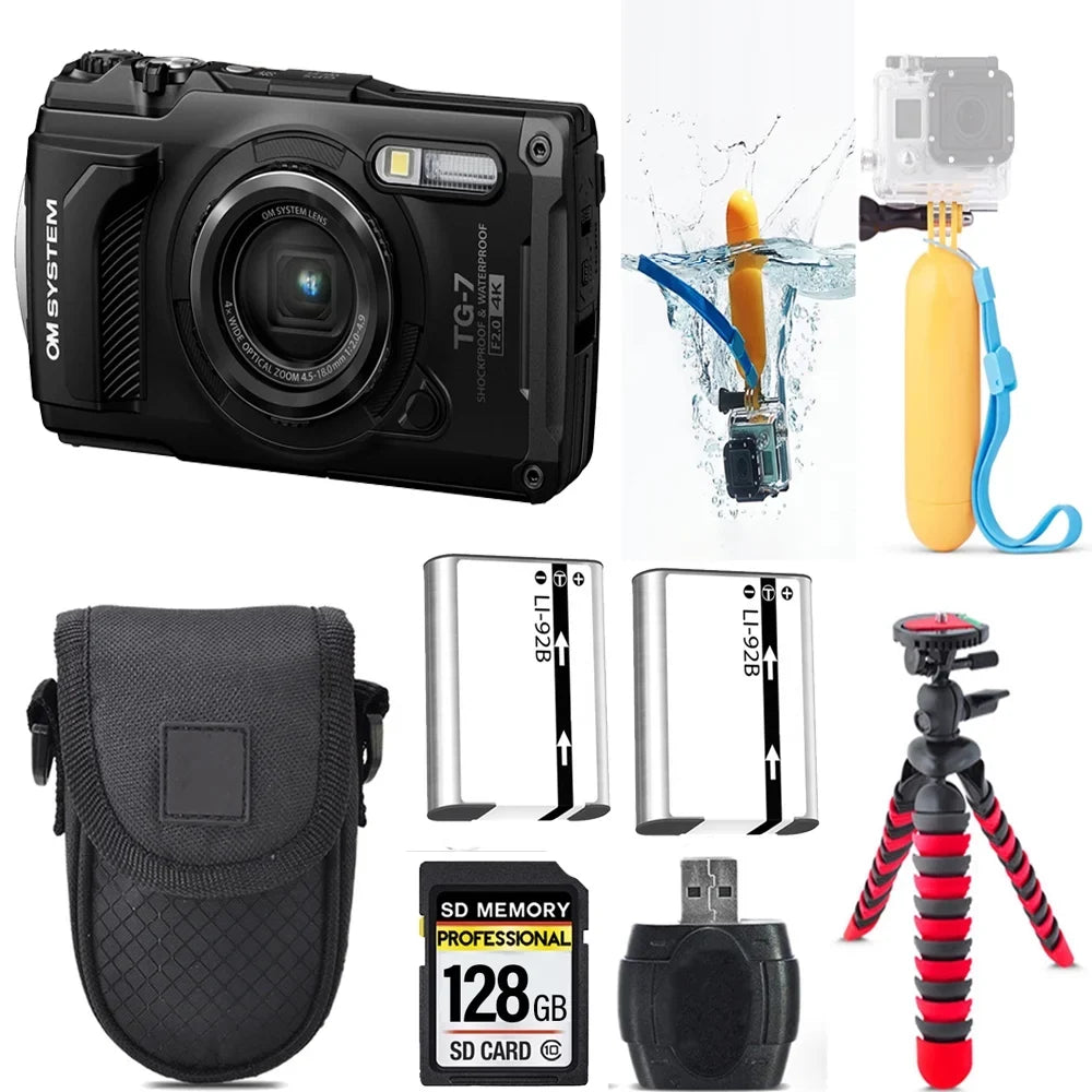 Olympus OM SYSTEM Tough TG-7 Digital Camera (Black) + Floating Hand Grip + Extra Battery +Tripod + Case -128GB Kit