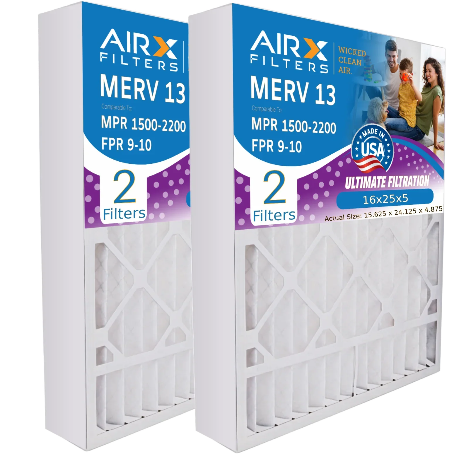 16x25x5 Air Filter MERV 13 Comparable to MPR 1500 - 2200 & FPR 9 Matching with GeneralAire 14161 Premium USA Made 16x25x5 Furnace Filter 2 Pack by AIRX FILTERS WICKED CLEAN AIR.