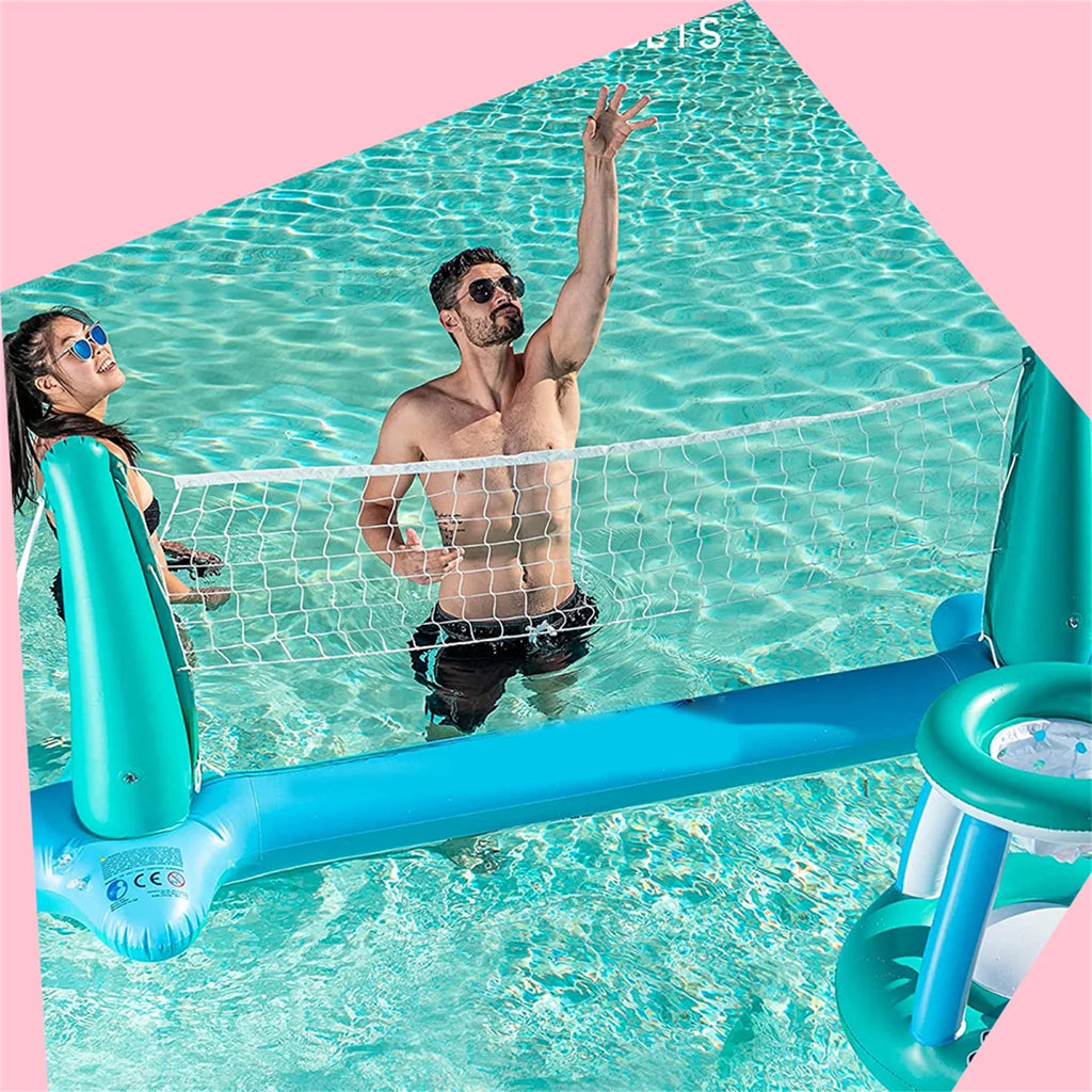 Inflatable Pool Float Set Volleyball Net & Basketball Hoops Balls
