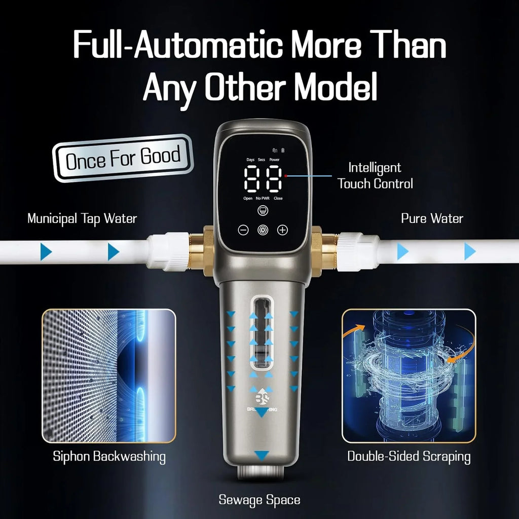 OUWI's King Model Spin Down Sediment Filter, Touch-Screen Automatic Flushing and Drainage, 360°Rotatable Head, 40 Micron Reusable Whole House Water Filter System, 1" MNPT + 3/4" FNPT Connector