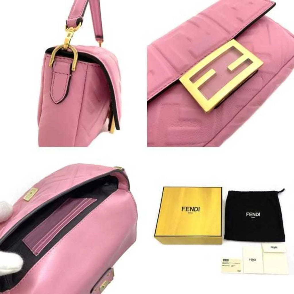 Pre-Owned Fendi Baguette Small Pink Gold 8BS017 Leather GP FENDI Shoulder Bag FF Embossed Ladies Chain (Like New)