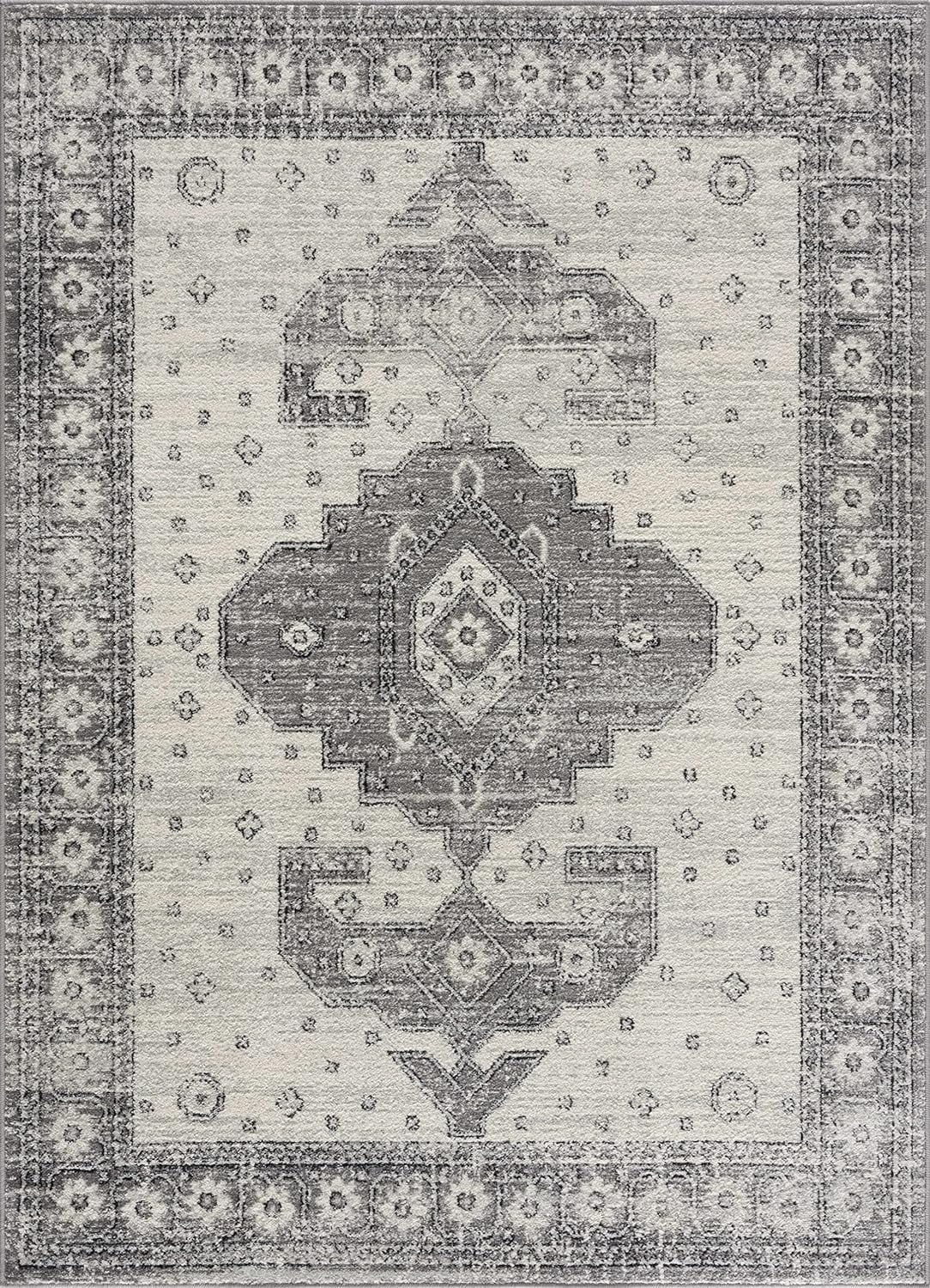 Marash Collection Goksun Persian Traditional Living Room, Bedroom, Indoor Area Rug - Oriental Medallion Pattern - Boho Vintage Distressed - Grey, Beige - 7'10" X 10'