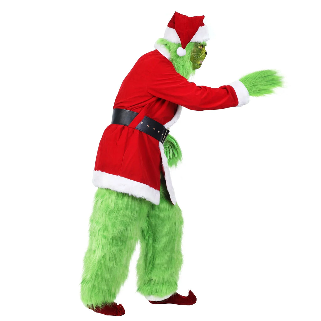 Christmas Costume for Men Green Big Monster 7PCS Deluxe Adult Santa Suit Xmas Furry Outfit Set Halloween Holiday -XXL