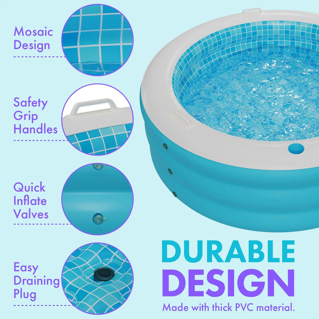 Inflatable Round Kid Swimming Pool with Grip Handle Bars and Blow Up Padded Floor with Drain - 60"x22" Round Large Kiddie Pool Perfect for Adults and Kids Ages 4 5 6 7 8+