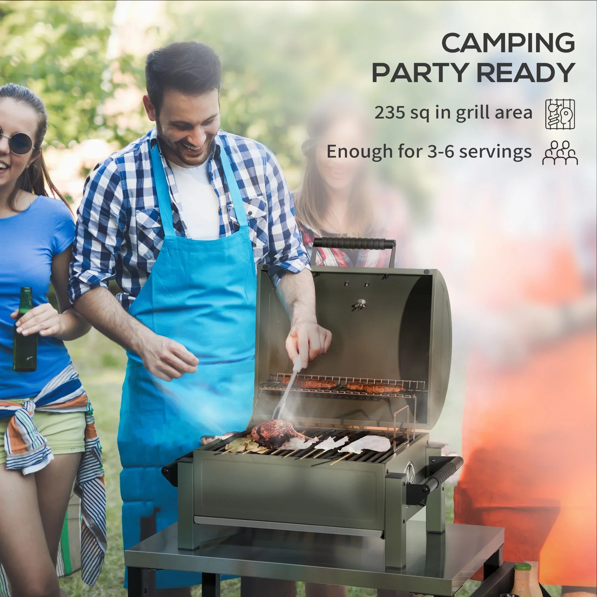Outsunny Tabletop Charcoal BBQ Grill with Lid, Small Barbecue, Green