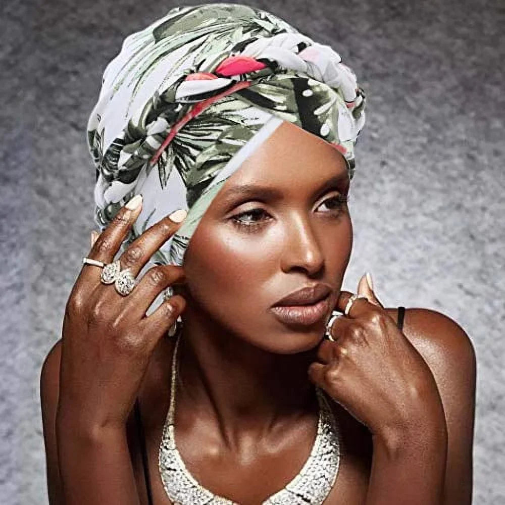 Woeoe African Turban Head Wrap Pink Pattern Head Scarf Soft Flower Print Head Wrap Cap Headwear for Women and Girls(Pack of 2)