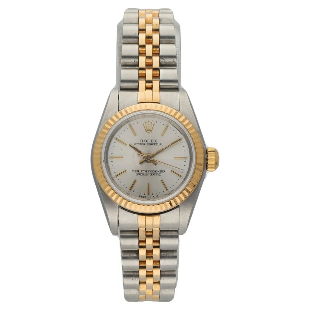 Rolex 76193 Oyster Perpetual 18k Yellow Gold Steel Silver Dial Ladies Watch 2005