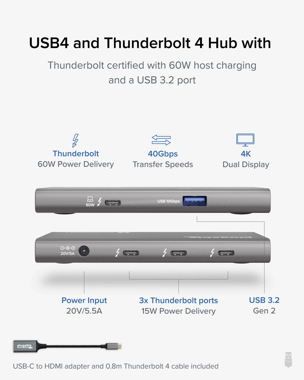 Plugable 5-in-1 Thunderbolt 4 Hub with 60W Charging, Single 8K or Dual 4K Display, Suitable with Thunderbolt USB4 Macs and Thunderbolt 4 / USB4 Windows (1x USB-C to HDMI Adapter)