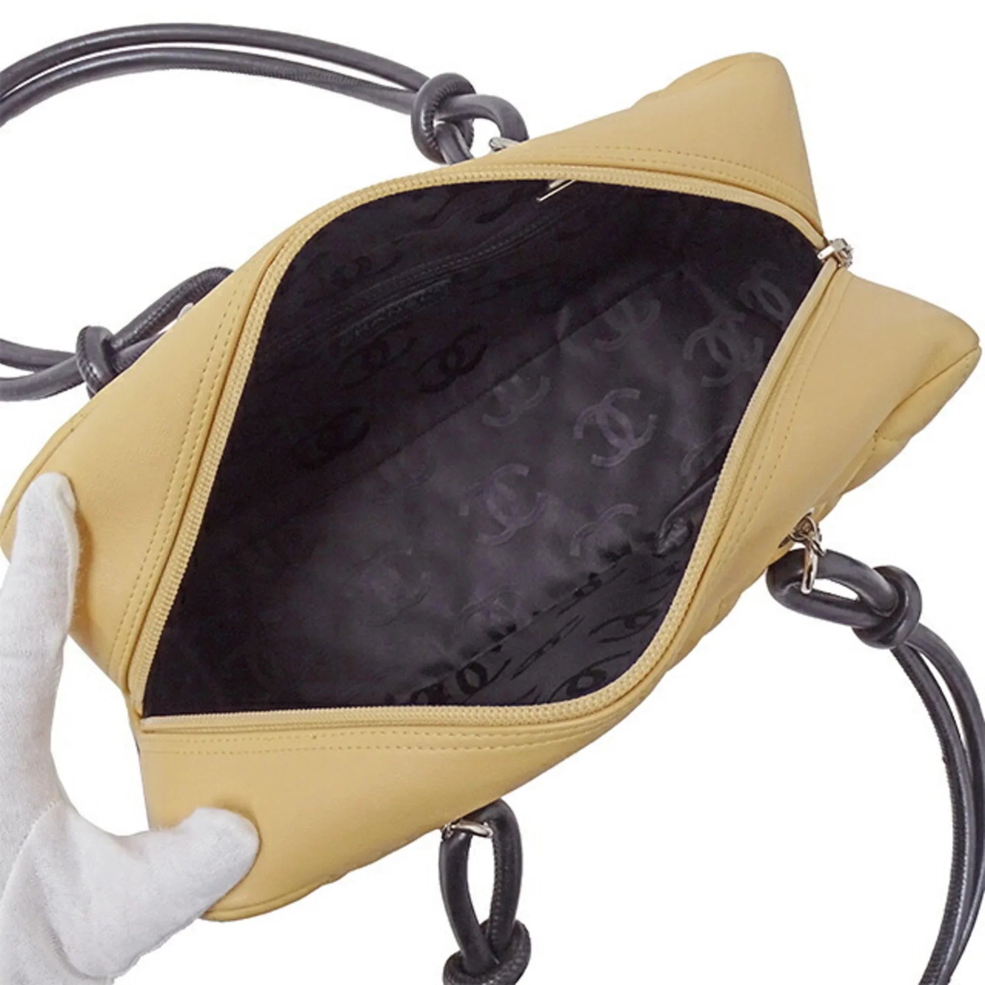 Pre-Owned CHANEL Bag Cambon Women's Handbag Lambskin Beige Black (Fair)