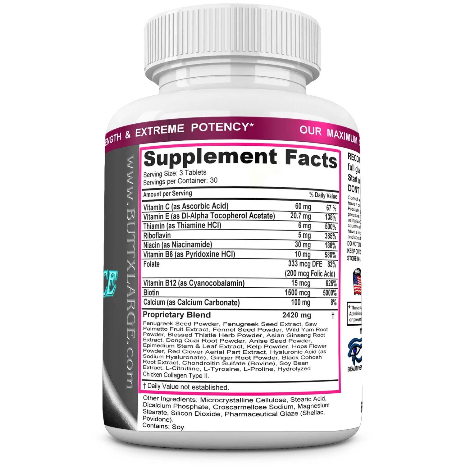 BUTT X-L-ADVANCE Butt and Booty Formula. Get Bigger Buttocks Vitamins, Minerals, Herbs and Amino Acids. Supplements. 90 Tablets