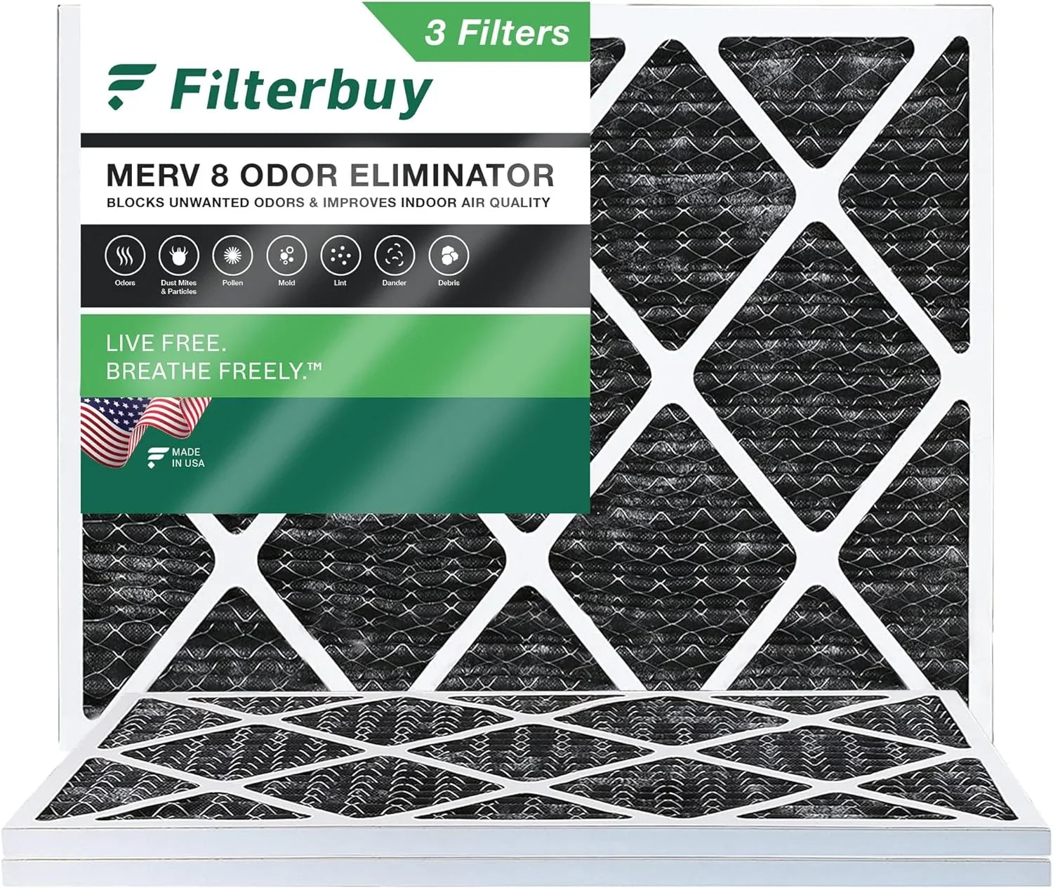 Filterbuy 14x18x1 MERV 8 Odor Eliminator Pleated HVAC AC Furnace Air Filters with Activated Carbon (3-Pack)